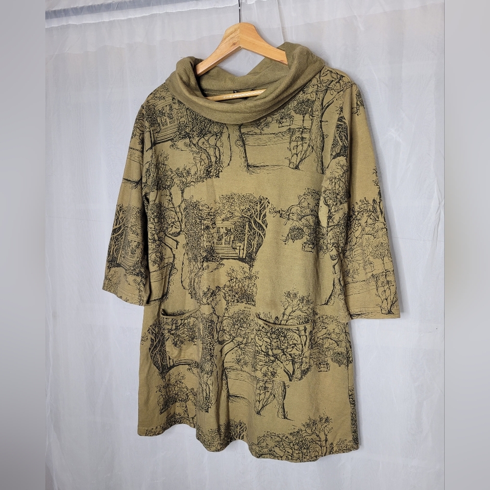 APU Cowl Neck Tunic Shirt Womens Size Small Olive Green Loose Fit Pockets Earthy - Picture 2 of 10